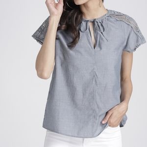 GAP Light Gray Crochet-Yoke Tie Neck Top